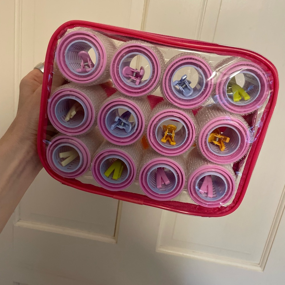 Pink Travel Self Gripping Hair Roller Set in Clear Case - 36 rollers